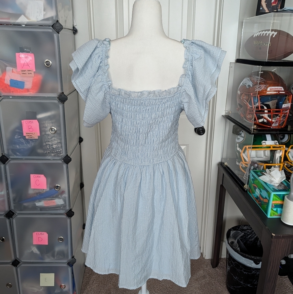 TCEC Light Blue Puff Sleeve Square Neck Smocked Mini Dress Size Medium - Picture 2 of 10